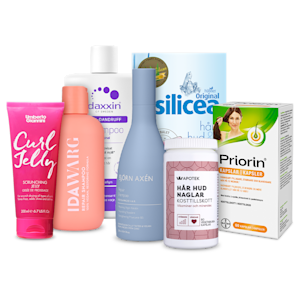 Utvalda hårvårds- och kosttillskottsprodukter från Ida Warg, Umberto Giannini, Björn Axén, Daxxin, Priorin, Kronans Apotek och Silicea.