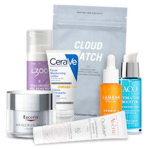 Hudvårdsprodukter för ansiktet från L300, CeraVe, Eucerin, Lumene, ACO och Avène samt finnplåster från Common Clouds.