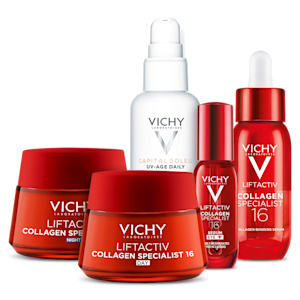 Fem produkter från Vichy: Liftactiv Collagen Specialist 16 Day, Liftactiv Collagen Specialist 16 Night, Liftactiv Collagen Specialist 16 Serum, Liftactiv Collagen Specialist 16 Serum Eye och Capital Soleil UV-Age Daily.