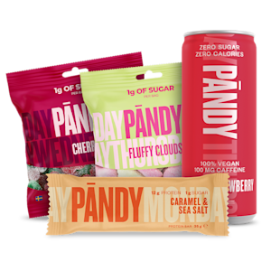 Pändy produkter: energidryck, proteinbar och sockerreducerat godis i färgstarka förpackningar.