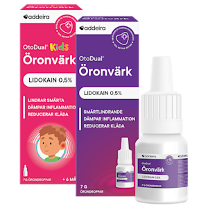 Tre produkter från Addeira: OtoDual Kids Öronvärk Lidokain 0,5 %, OtoDual Öronvärk Lidokain 0,5 % och OtoDual Öronvärk örondroppar 7 g.