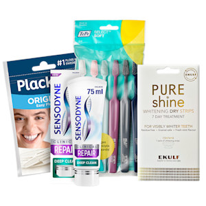 Munvårdsprodukter från TePe, Sensodyne, Plackers och Ekulf med tandborstar, tandkräm, tandtråd och whitening strips.