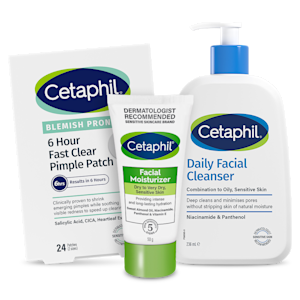 Tre produkter från Cetaphil: Blemish Prone 6 Hour Fast Clear Pimple Patch, Facial Moisturizer Dry to Very Dry Sensitive Skin och Daily Facial Cleanser.