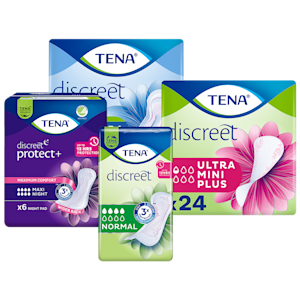 Fyra förpackningar från TENA Discreet: skydd för dag, natt och extra skydd.
