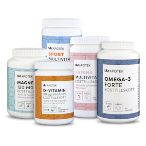 Kosttillskott från Kronans Apotek, inklusive multivitaminer, magnesium, D-vitamin och omega-3 i olika burkar.