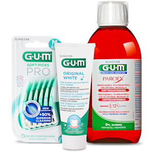 GUMs mellanrumsborstar, tandkräm och munskölj.