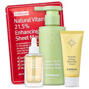 By Wishtrend hudvårdsprodukter: ansiktsmask, rengöring, serum och kräm i färgstarka förpackningar.