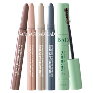 Fem produkter från IsaDora: The Gleam Eyeshadow Stick i fyra nyanser samt The Build Up Grow Lash Boosting Primer Brown.
