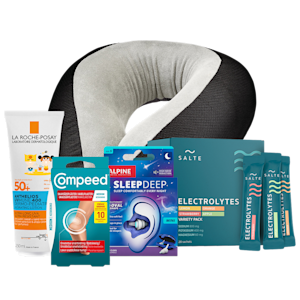Fem produkter från La Roche-Posay, Compeed, Alpine Hearing Protection och Salte: Anthelios UVMune 400 Dermo-Pediatrics solskydd, Compeed skavsårsplåster Medium, Alpine SleepDeep öronproppar, Salte Electrolytes Variety Pack och nackkudde för resa.