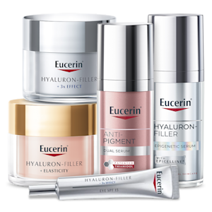 Fem Eucerin‑produkter för ansikte uppställda tillsammans: Hyaluron‑Filler dag‑ och nattkräm, Anti‑Pigment serum, Hyaluron-Filler serum och ögonkräm