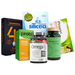 Sex produkter inom vitaminer och kosttillskott: 4Him TestoBalance kosttillskott, Original Silicea för hår, Probi Immune mjölksyrabakterier, Elexir Omega-3 kapslar, Magnesium 375 mg kosttillskott, Priorin kapslar för hår och ett probiotiskt kosttillskott i förpackning.