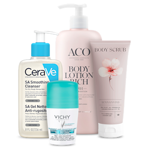 Fyra produkter från ACO, CeraVe, Vichy och Sunnanvind: CeraVe SA Smoothing Cleanser, ACO Body Lotion Rich, Vichy 48H Anti-Perspirant Deodorant och Sunnanvind Body Scrub.