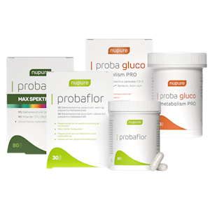 Fem produkter från Nupure: Proba Max Spektrum, Probaflor i kartong, Probaflor i burk, Proba Gluco Metabolism PRO i kartong och Proba Gluco Metabolism PRO i burk.