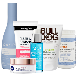 Produkter från Björn Axén, Neutrogena, Nivea, ACO, Bulldog och Kronans Apoteks egna varumärke samlade i en klunga.