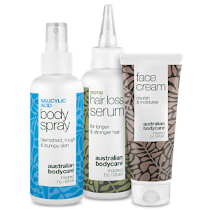Tre produkter från Australian Bodycare: Body Spray med salicylsyra, Hair Loss Serum med biotin och Face Cream.