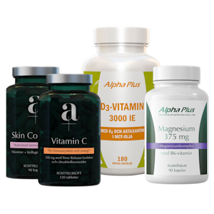 Kosttillskott från Alpha Plus och A+: D3-vitamin 3000 IE, Magnesium 375 mg, Vitamin C och Skin Collagen i burkar.