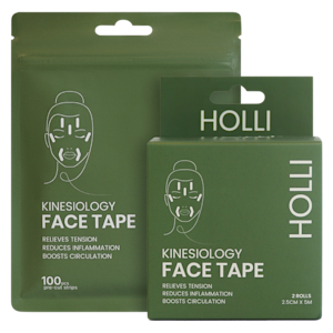 Två produkter från HOLLI: Kinesiology Face Tape med 100 förklippta strips och Kinesiology Face Tape med 2 rullar.