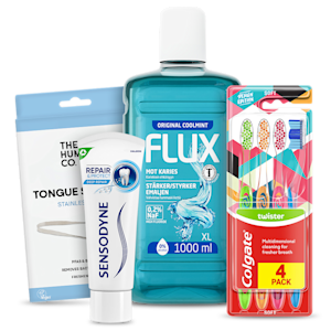 Fyra produkter från The Humble Co., Sensodyne, Flux och Colgate: The Humble Co. Tongue Scraper, Sensodyne Repair & Protect Deep Repair tandkräm, Flux Original Coolmint munskölj och Colgate Twister Soft tandborstar 4-pack.