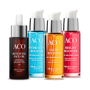 ACOs ansiktsserum-serie: Renewing Face Oil, Hydrating Booster, Blow Booster och Bright Booster. 
