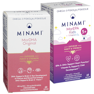 Två produkter från Minami: MorDHA Original och MorEPA Kids + Vitamin D3.