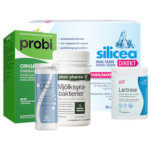 Fem produkter från Probi, Holistic, Elexir Pharma, Silicea och GO Lactrase: Probi Original, Holistic LactoVitalis Pro, Elexir Pharma Mjölksyrabakterier, Silicea Mag-Tarm Direkt och GO Lactrase.