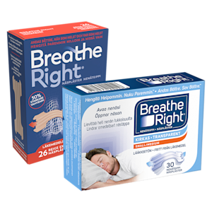 Två produkter från Breathe Right: Breathe Right Näsplåster Beige Extra Strong 26 st och Breathe Right Transparent Small/Medium Näsplåster 30 st.