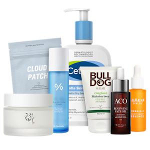 Hudvårdsprodukter från flera märken, bland annat Cetaphil, ACO, Bulldog, Lumene och Dr. Ceuracle.