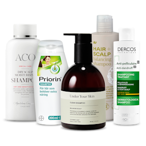 Fem produkter från ACO, Priorin, Under Your Skin, Hair+ och Vichy Dercos: ACO Dry Scalp Moisturising Shampoo, Priorin Schampo, Under Your Skin Clean Shampoo, Hair+ Scalp Balancing Shampoo och Vichy Dercos Anti-Dandruff Shampoo.