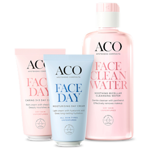 Tre hudvårdsprodukter från ACOs produktserie Daily Care: två dagrkämer och ett ansiktsvatten.