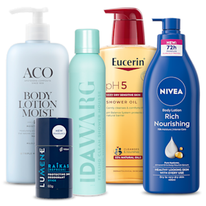 Kroppsvårdsprodukter från olika varumärken: ACO Body Lotion Moist, Lumene Raikas Deodorant, Ida Warg Shower Mousse, Eucerin pH5 Shower Oil och Nivea Rich Nourishing Body Lotion.