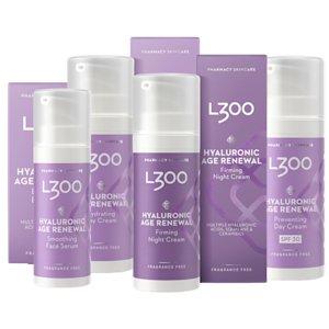 L300 Hyaluronic Age Renewal – serum samt dag- och nattkrämer med hyaluronsyra, oparfymerade.