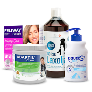 Fyra olika djurprodukter från Feliway, BioSalma, Adaptil och Douxo