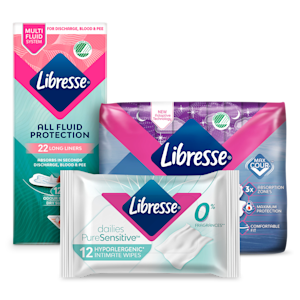 Ttre produkter från Libresse: All Fluid Protection Long Liners, Maxi Cour nattbindor och Dailies PureSensitive Intimate Wipes.