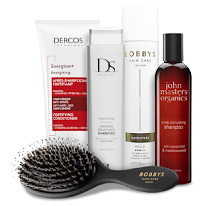 Balsam från Dercos, schampo från DS Parfymfri och John Masters, hårspray och hårborste från Bobbys Haircare.