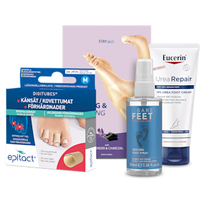 Fyra olika produkter för fötterna från varumärkena Epitact, STAY Well, Bare Feet och Eucerin.
