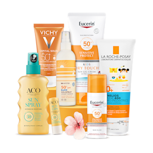 Samling av utvalda solprodukter från varumärken som Eucerin, La Roche-Posay, ACO och Vichy.