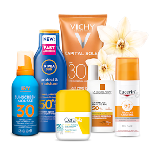 Fem solskyddsprodukter från EVY, Nivea Sun, Vichy, CeraVe, La Roche‑Posay och Eucerin: Sunscreen Mousse SPF 30, Protect & Moisture SPF 50+, Capital Soleil SPF 30, Invisible Hydrating Fluid Sunscreen SPF 50, Anthelios UVMune 400 Invisible Fluid SPF 50+ samt Pigment Control Sun Fluid SPF 50+.