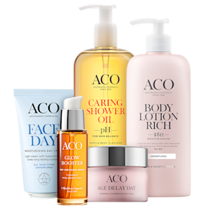 Fem hudvårdsprodukter från ACO: Face Day Moisturising Day Cream, Glow Booster Day and Night Serum, Caring Shower Oil, Age Delay Day ansiktskräm och Body Lotion Rich.