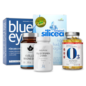 Vitaminer och kosttillskott: Blue Eye, kvällsmagnesium, Holistic D3 och BioSalma Omega-3.