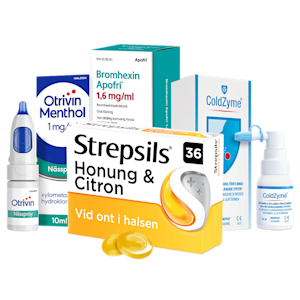 Fem produkter från Otrivin, Bromhexin Apofri, Strepsils och ColdZyme: Otrivin Menthol nässpray, Bromhexin Apofri oral lösning, Strepsils Honung & Citron, ColdZyme munspray och ColdZyme förpackning.
