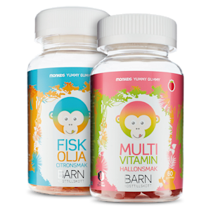 Två produkter från Monkids: Fiskolja Barn Citronsmak och Multivitamin Barn Hallonsmak.