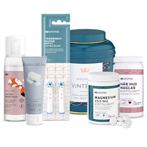 Egenvårdsprodukter från Kronans Apotek: kosttillskott, handkräm, refilltandborstar och te.