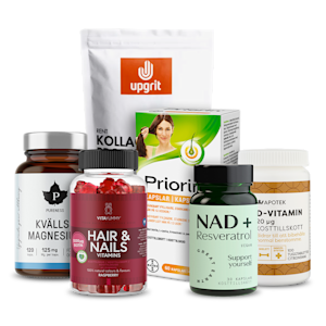 Utvalda kosttillskott från Kronans Apotek, Priorin, Upgrit, Pureness, VitaYummy och Great Earth.
