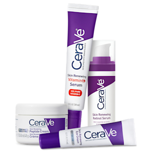 Fyra produkter från CeraVe: Skin Renewing Vitamin C Serum, Skin Renewing Retinol Serum, Skin Renewing Peptide Cream och Skin Renewing Eye Cream.