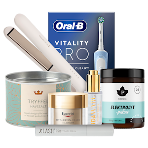 Presenttips med utvalda produkter från Oral-B, Remington, Eucerin, Ida Warg, Pureness, Xlash och Kronans Apoteks Tryffel med havssalt.
