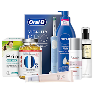 Utvalda produkter från Oral-B, Nivea, Eucerin, BioSalma, Priorin, COSRX och andra varumärken mot vit bakgrund.