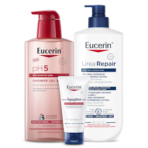 Eucerin pH5 Shower Gel & Oil, UreaRepair 10% Urea Intensive Moisturising Lotion och Aquaphor Soothing Skin Balm.