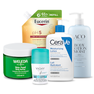 Kroppsvårdsprodukter från Weleda, Vichy, Eucerin, CeraVe och ACO.