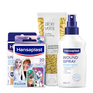 Sårvårdsprodukter från Hansaplast och Australian Bodycare: plåster, Aloe Vera gel och sårtvätt.