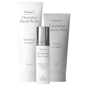 Emma S Cleansing Facial Wash, Revitalising Day Cream och Exfoliating Enzyme Peel.